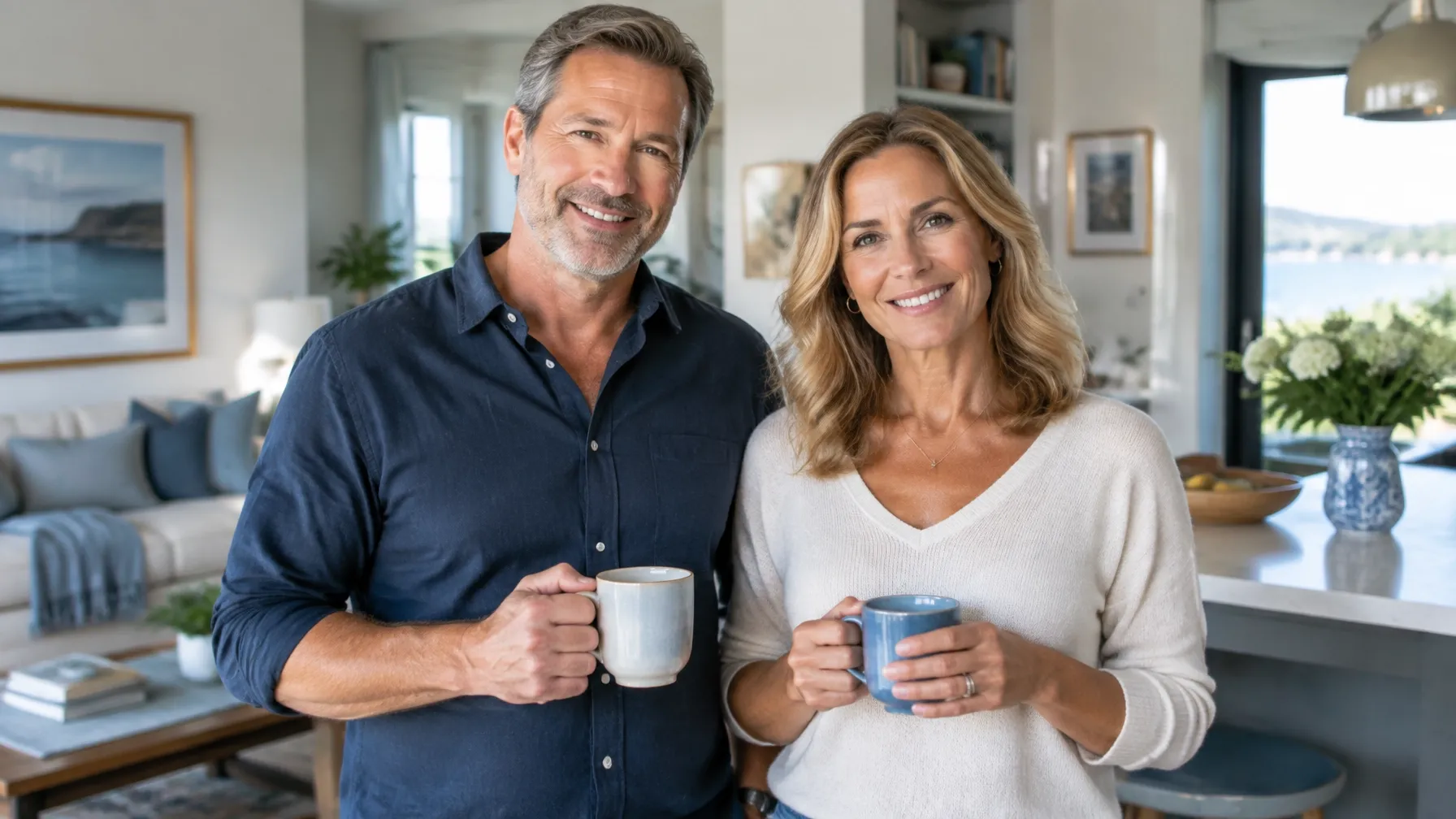 A confident smiling couple in their fifties at home