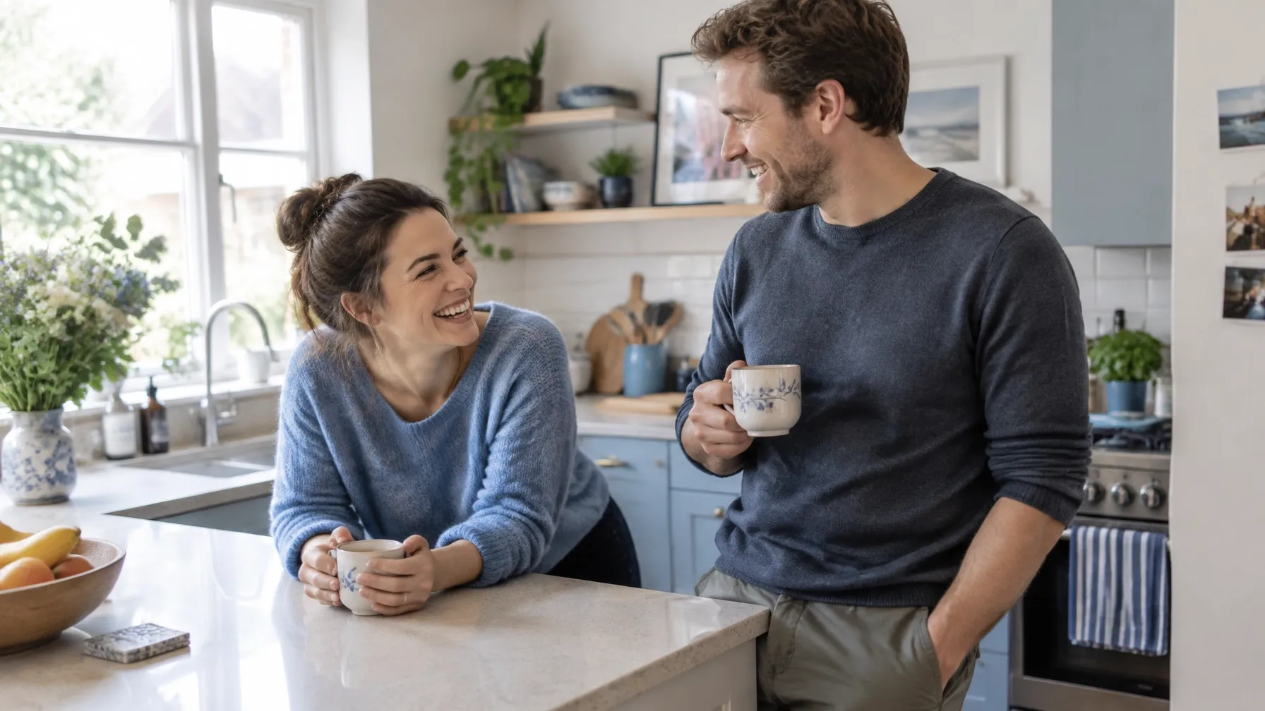 A young couple in their thirties laughing together in a bright modern kitchen