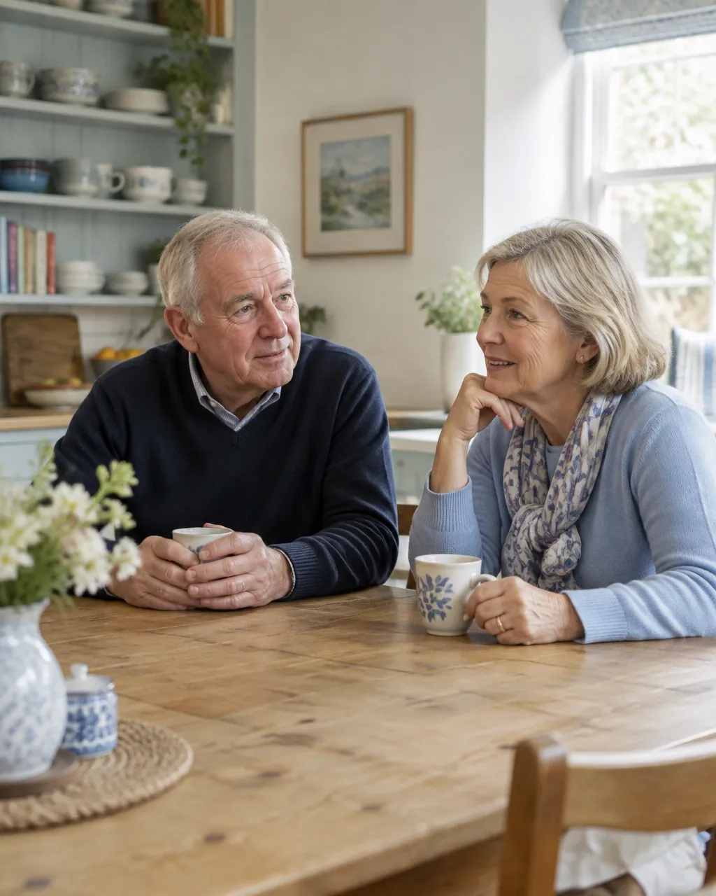 An older couple talking together at home
