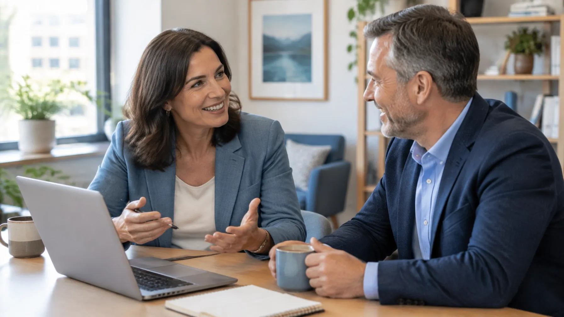 A friendly adviser talking easily with a smiling man in his fifties