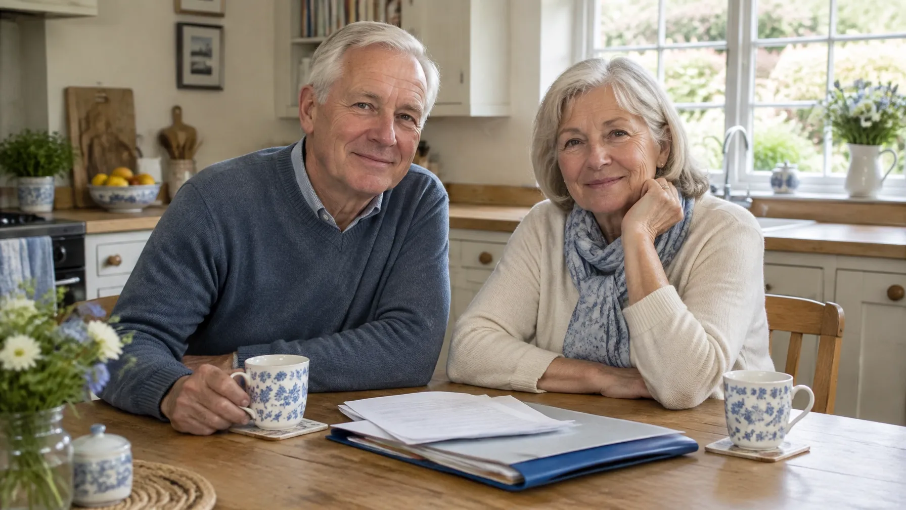 An older couple sitting together at a kitchen table with their paperwork