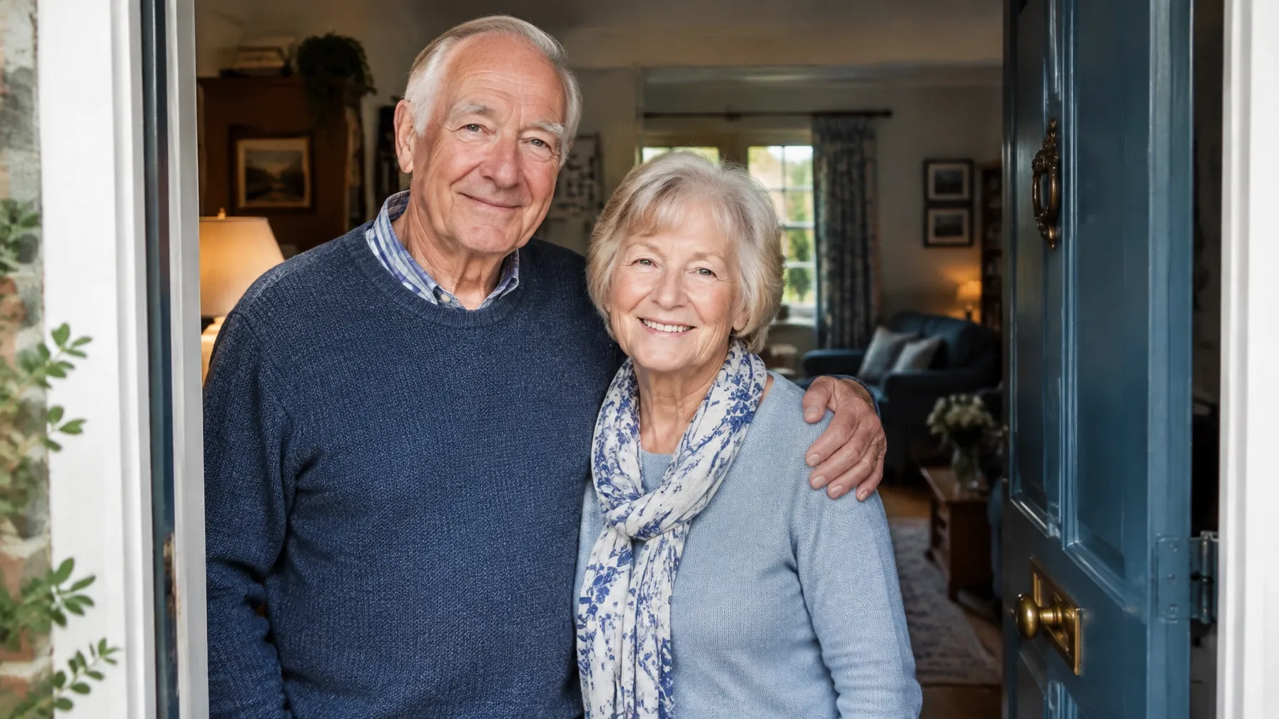 An older couple standing together in their doorway, calm and at ease